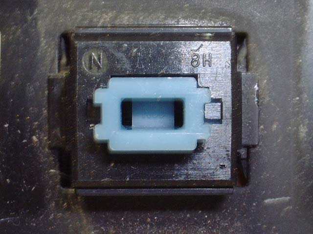 Close-up of an Alps SKCM Blue clicky switch showing its blue stem