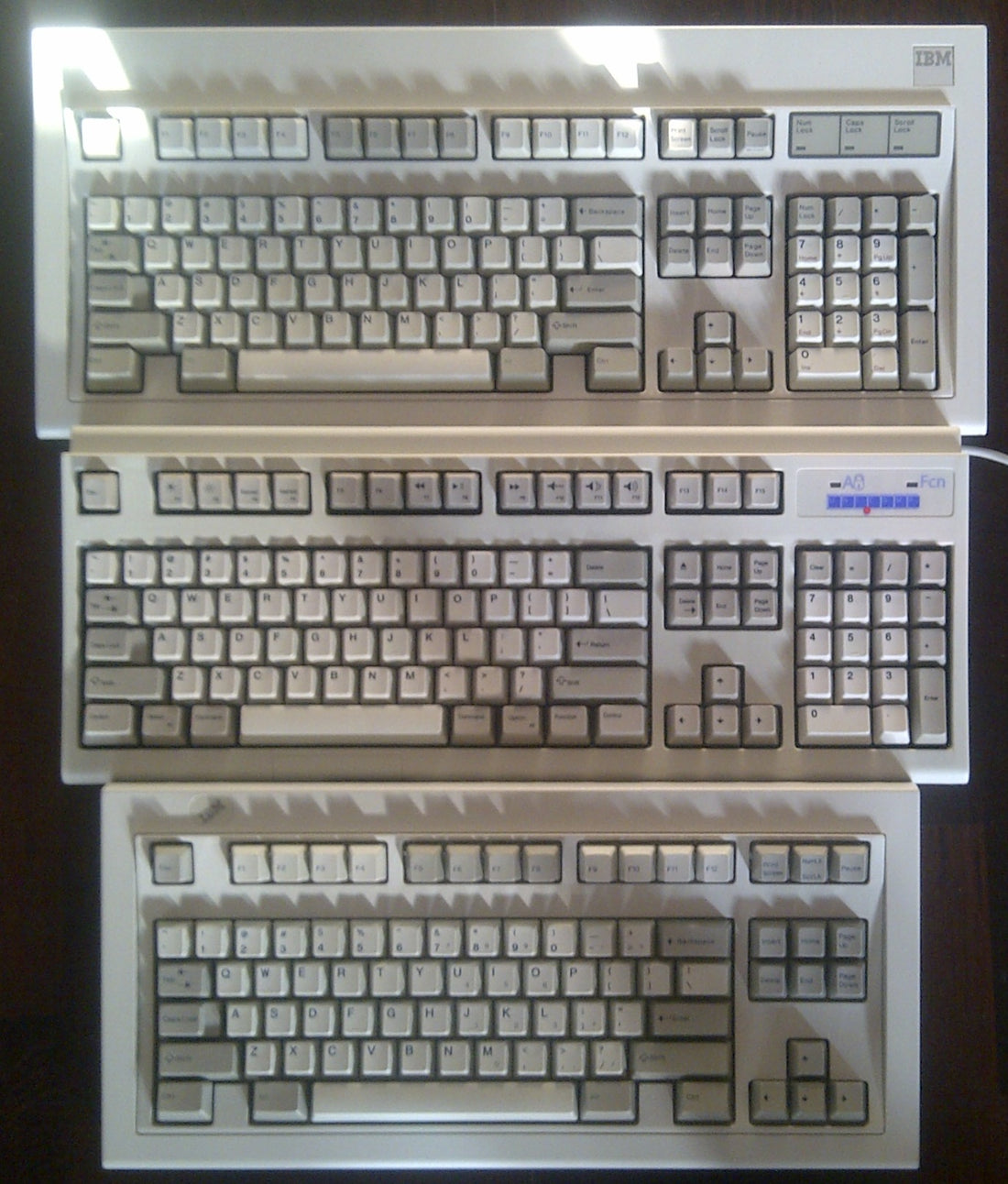 An IBM Model M and a Unicomp Model M side by side, the buckling-spring classics thrifters hunt for