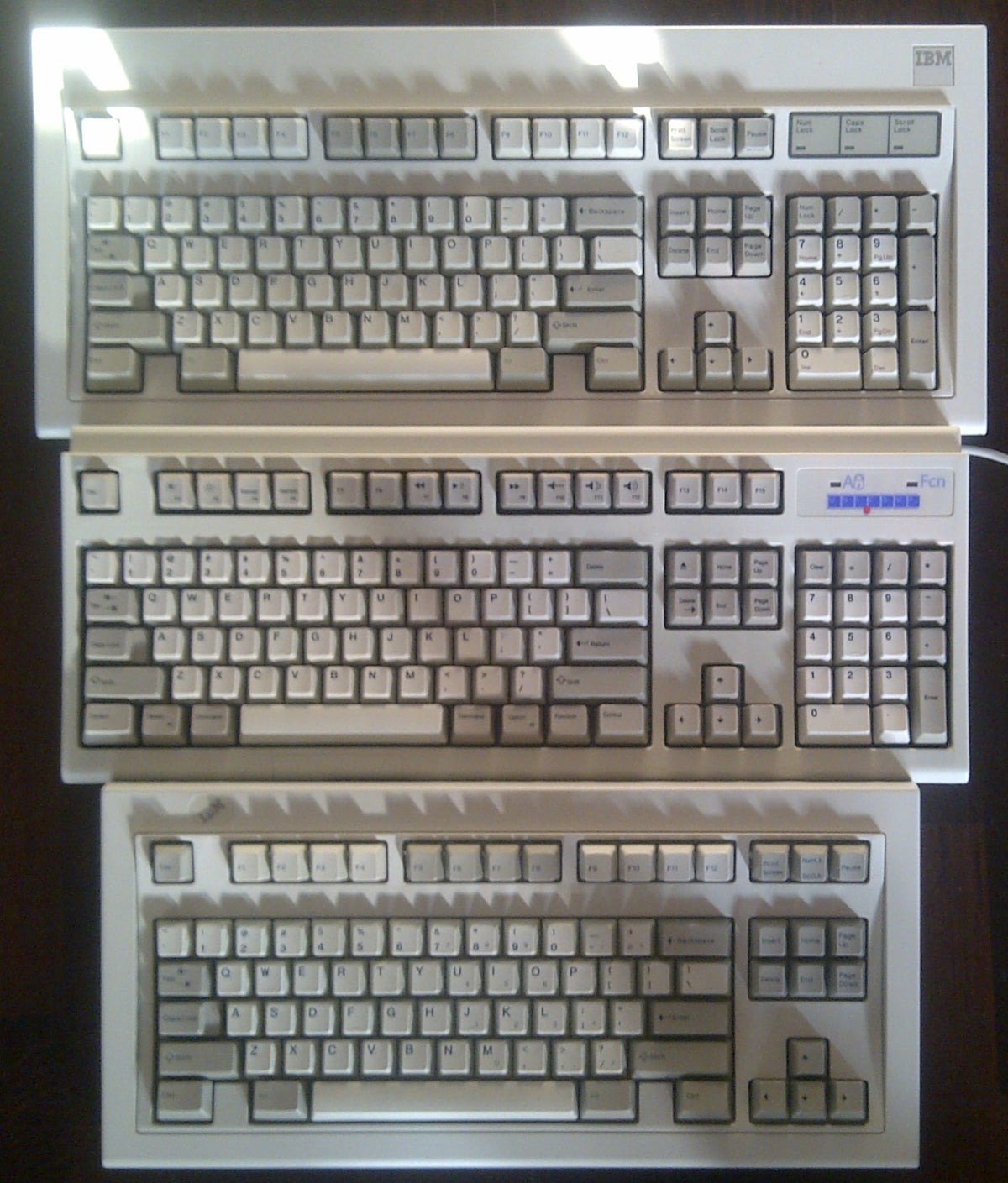 An IBM Model M and a Unicomp Model M side by side, the buckling-spring classics thrifters hunt for