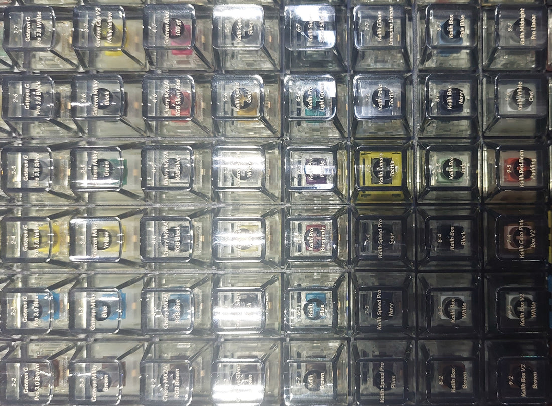Close-up of colorful mechanical keyboard keycaps on display