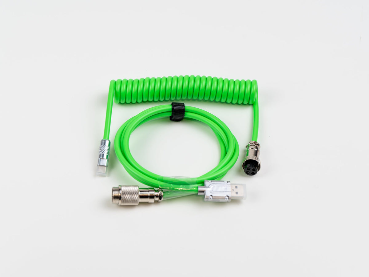 Bright green coiled USB-C aviator cable, full view