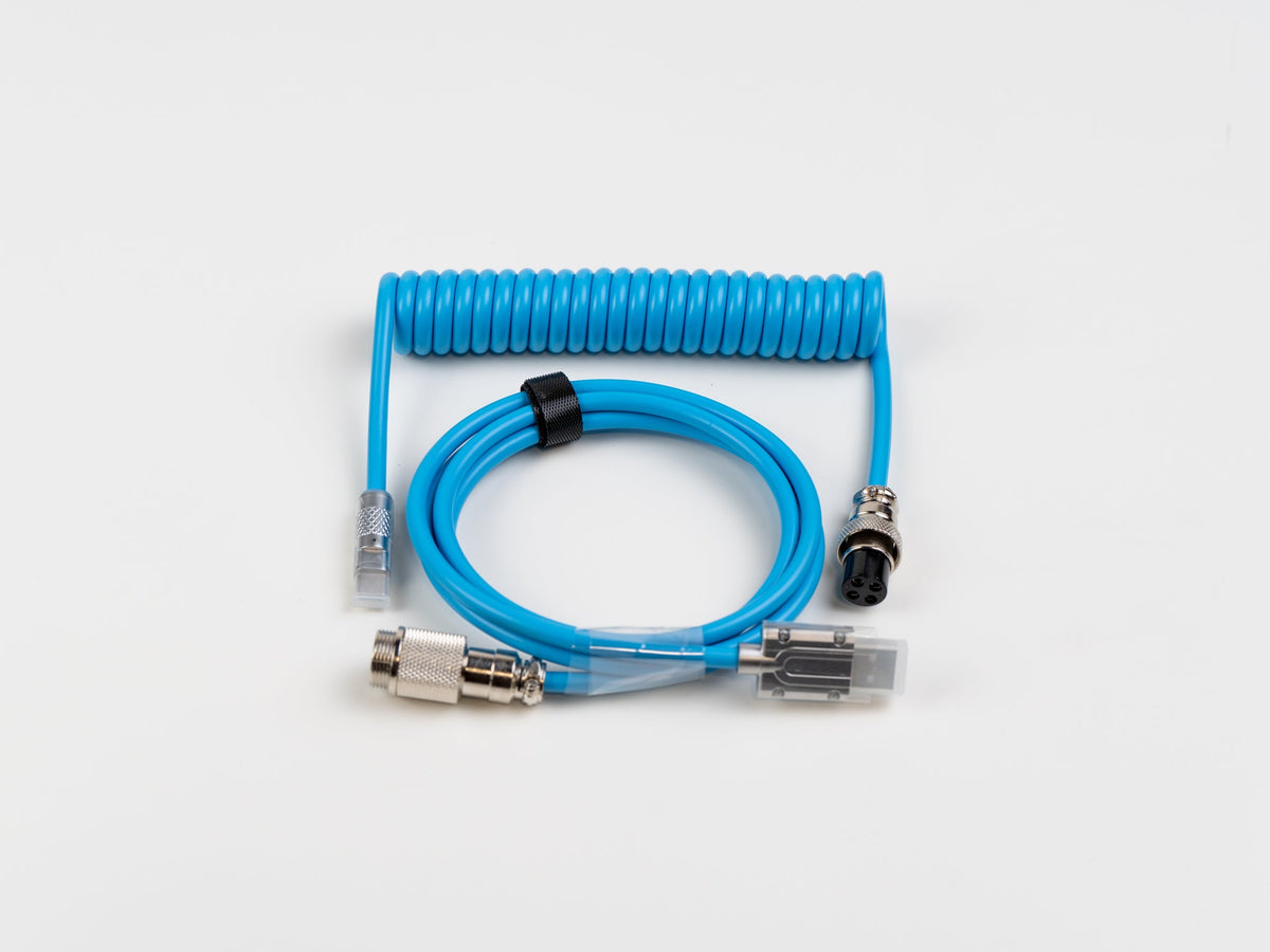 Sky blue coiled USB-C aviator cable, full view