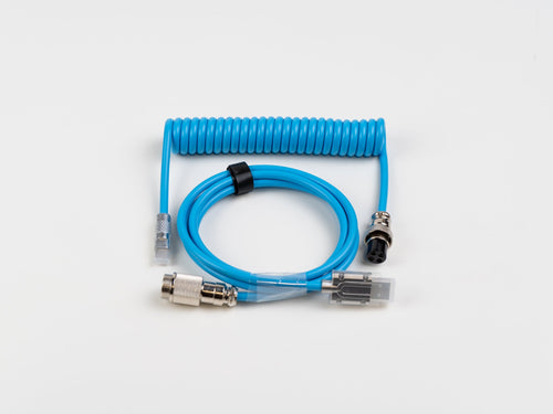 Sky blue coiled USB-C aviator cable, full view