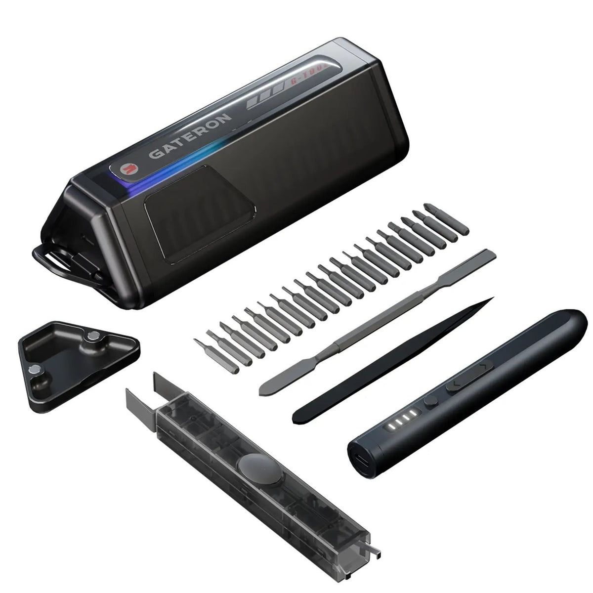 Gateron Custom Keyboard Tool Kit laid out on white: storage case, precision screwdriver bits, pry tool, tweezers, and soldering iron