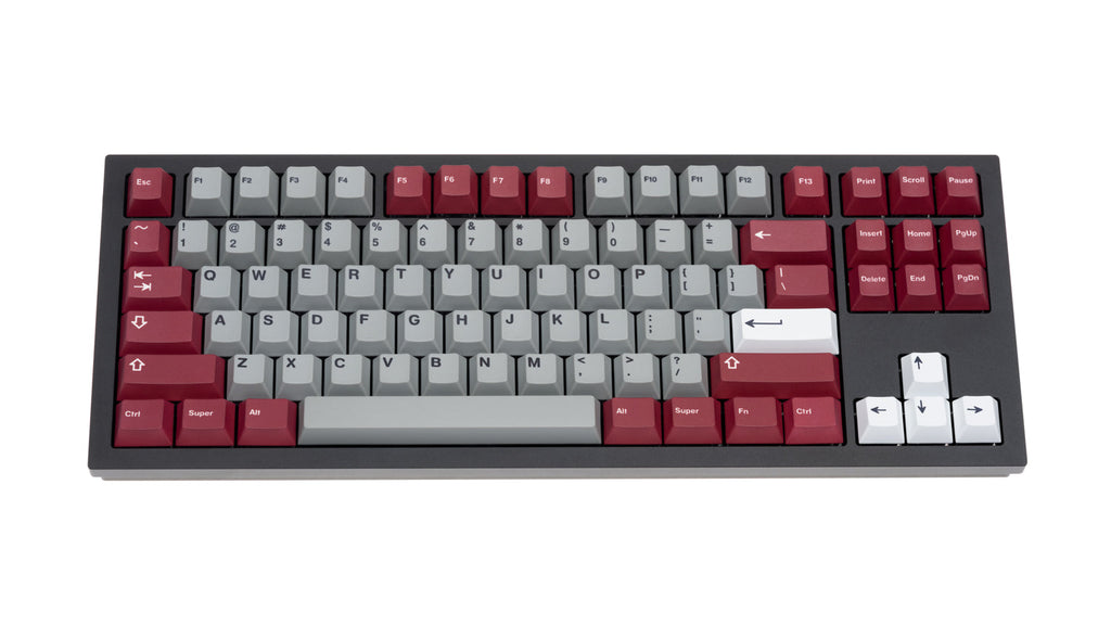 NicePBT Grey Burgundy keycaps on black keyboard, top-down view