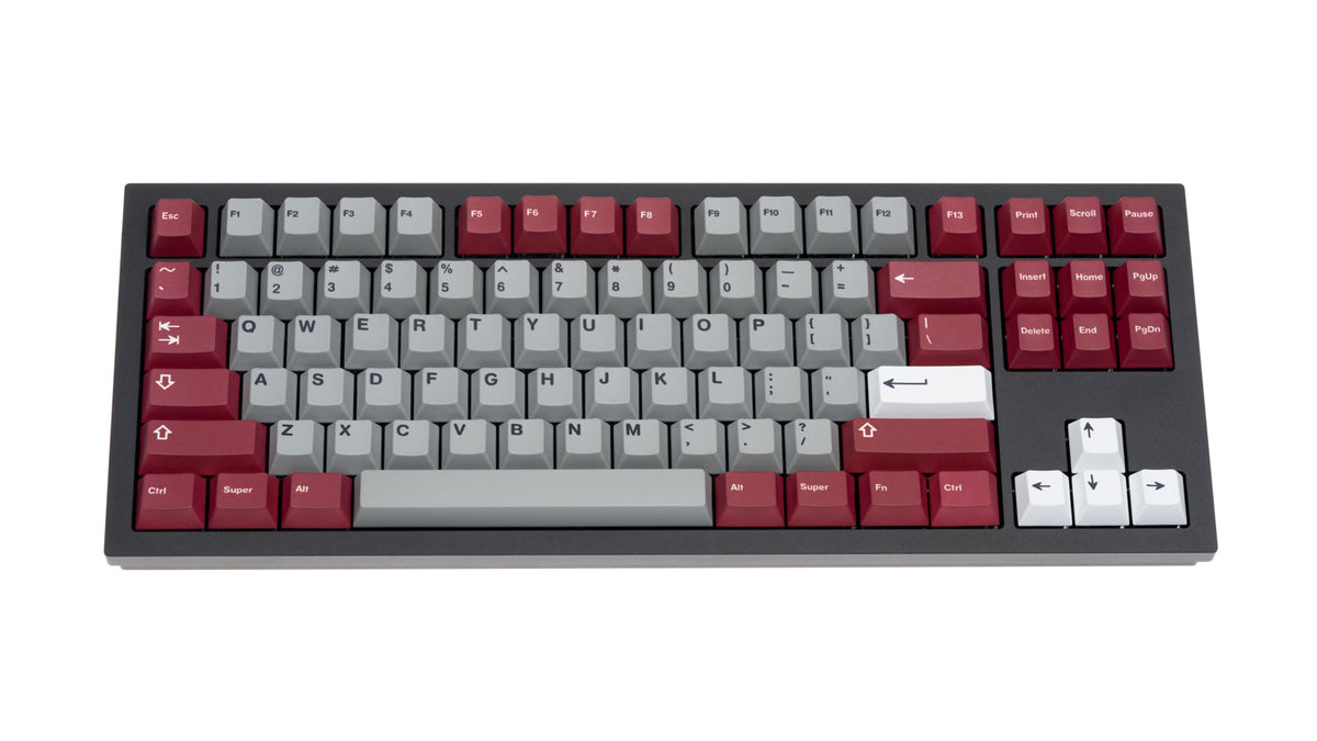 NicePBT Grey Burgundy keycaps on black keyboard, top-down view
