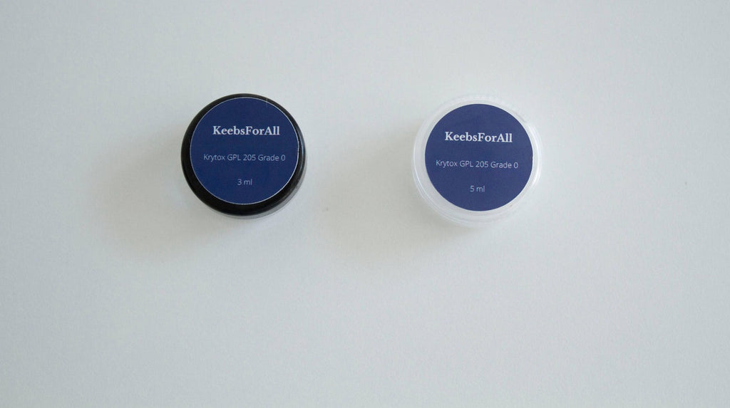 Krytox 205G0 3mL and 5mL jars, top-down view