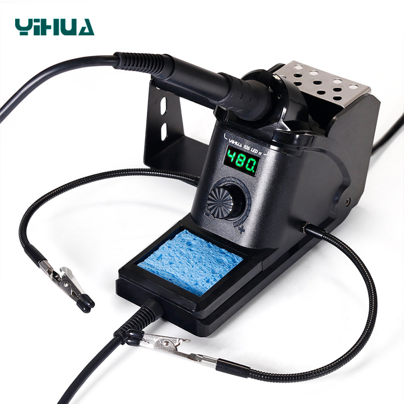 YIHUA 926 III soldering station with iron in holder and brass cleaning sponge