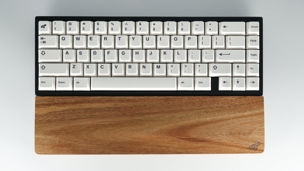 Acacia wooden wrist rest paired with 60 percent keyboard, top view